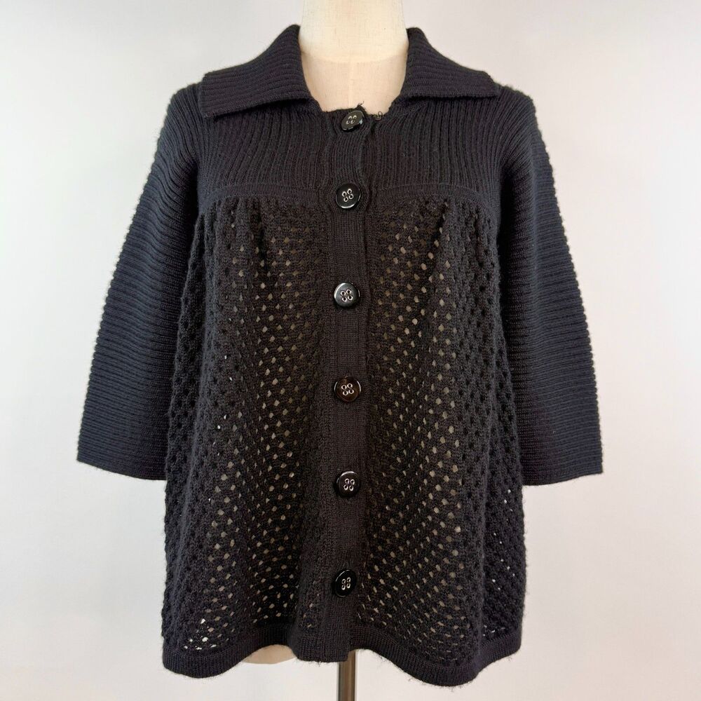 Vintage Black 100% Baby Alpaca Wool Knit Button Up Cardigan 3/4 Sleeves Boho S